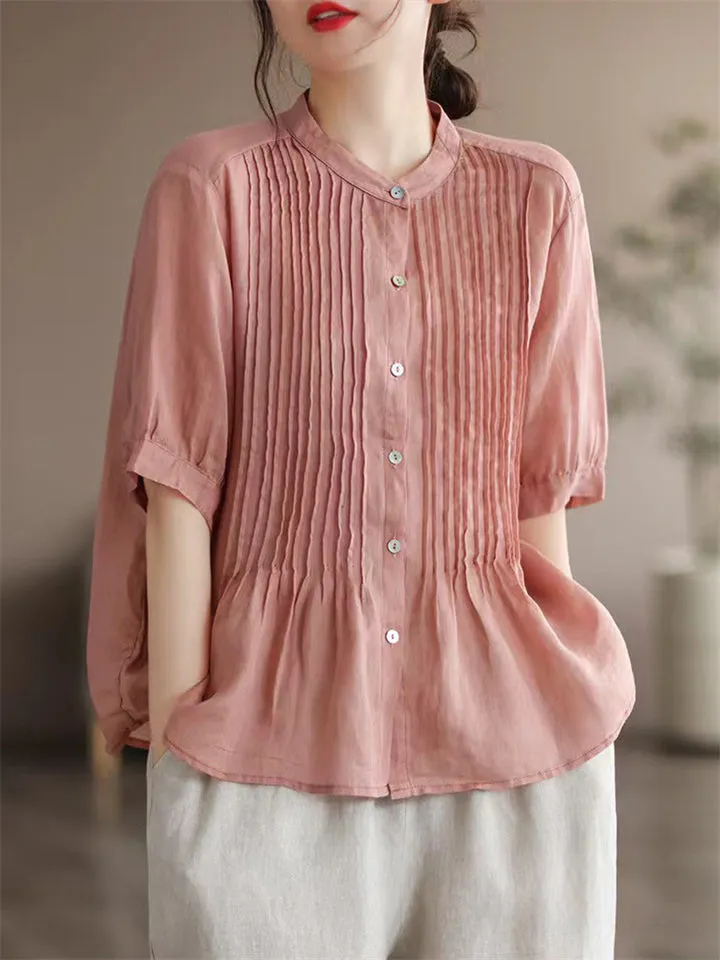Women's Cozy Short Sleeved Linen Ramie Blouse Shirts