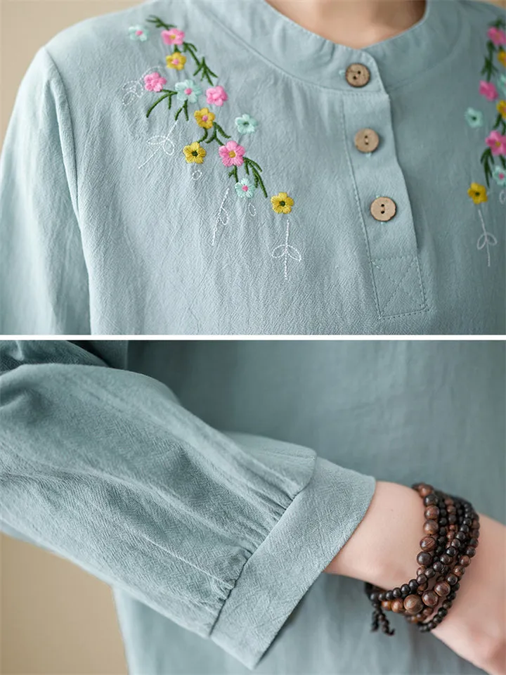Women's Cute Flowers Embroidery Cotton Linen Long Sleeve Shirt