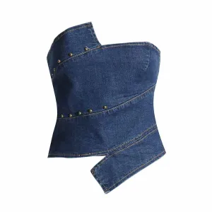 Womens Denim Blue Crop Top Bustier Top
