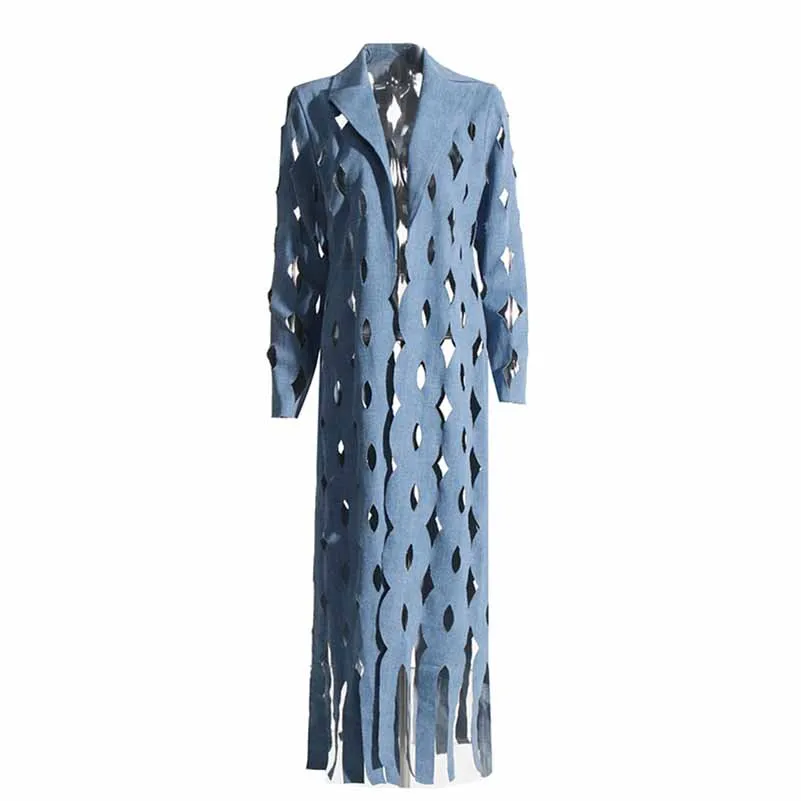 Women's Hollowed tassel long denim jacket fashion coat