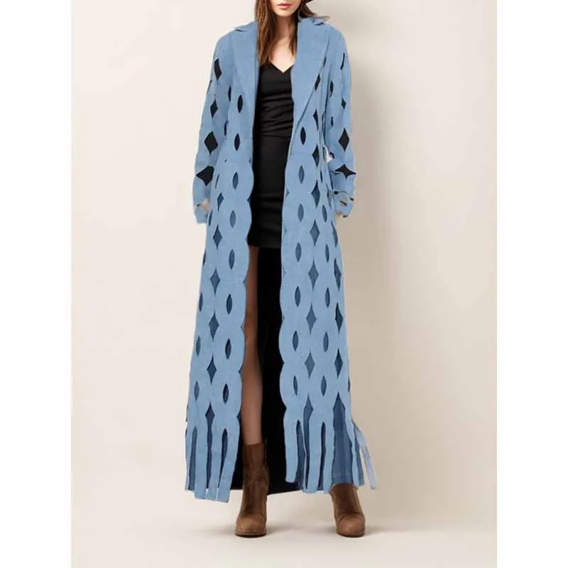 Women's Hollowed tassel long denim jacket fashion coat
