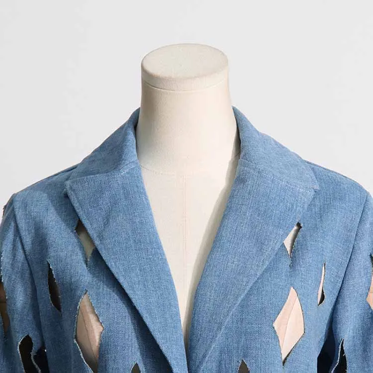 Women's Hollowed tassel long denim jacket fashion coat