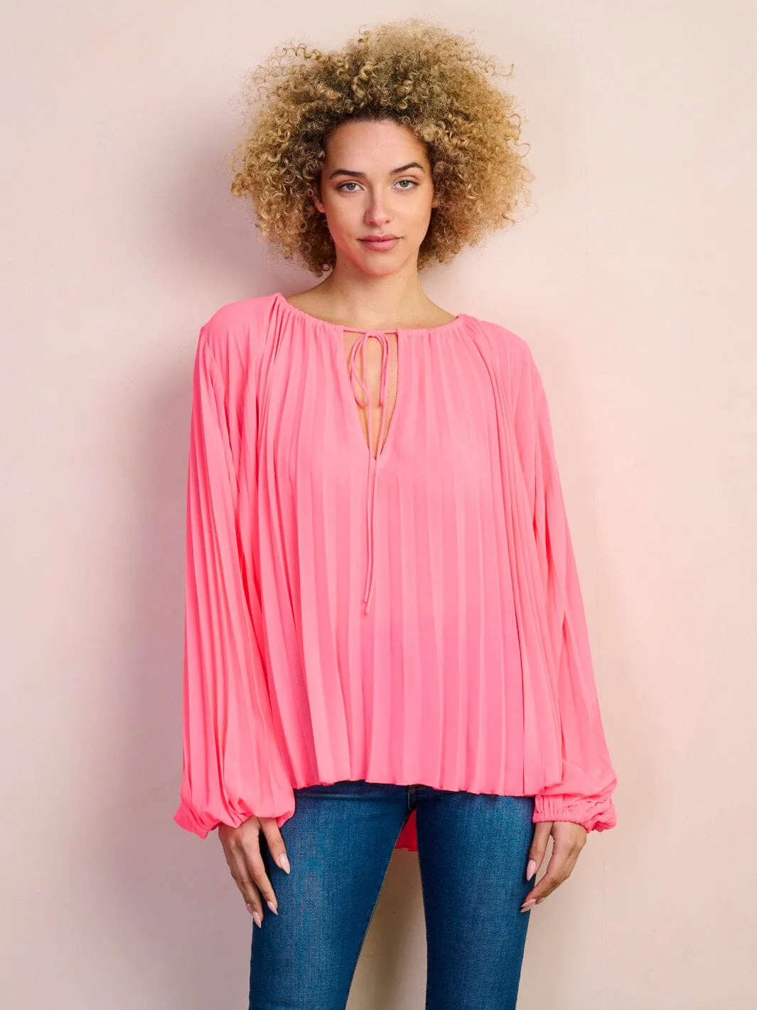 WOMEN'S LONG PUFF SLEEVE V-NECK PLEATED BLOUSE TOP