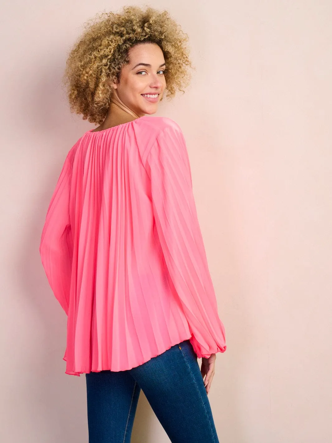 WOMEN'S LONG PUFF SLEEVE V-NECK PLEATED BLOUSE TOP