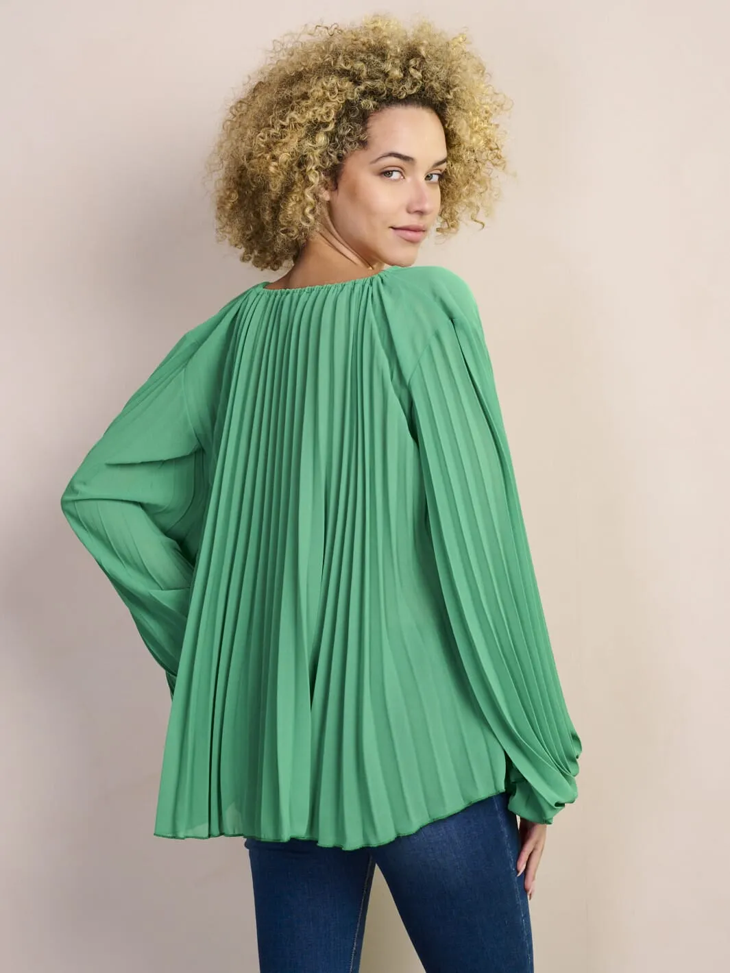 WOMEN'S LONG PUFF SLEEVE V-NECK PLEATED BLOUSE TOP