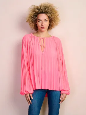 WOMEN'S LONG PUFF SLEEVE V-NECK PLEATED BLOUSE TOP