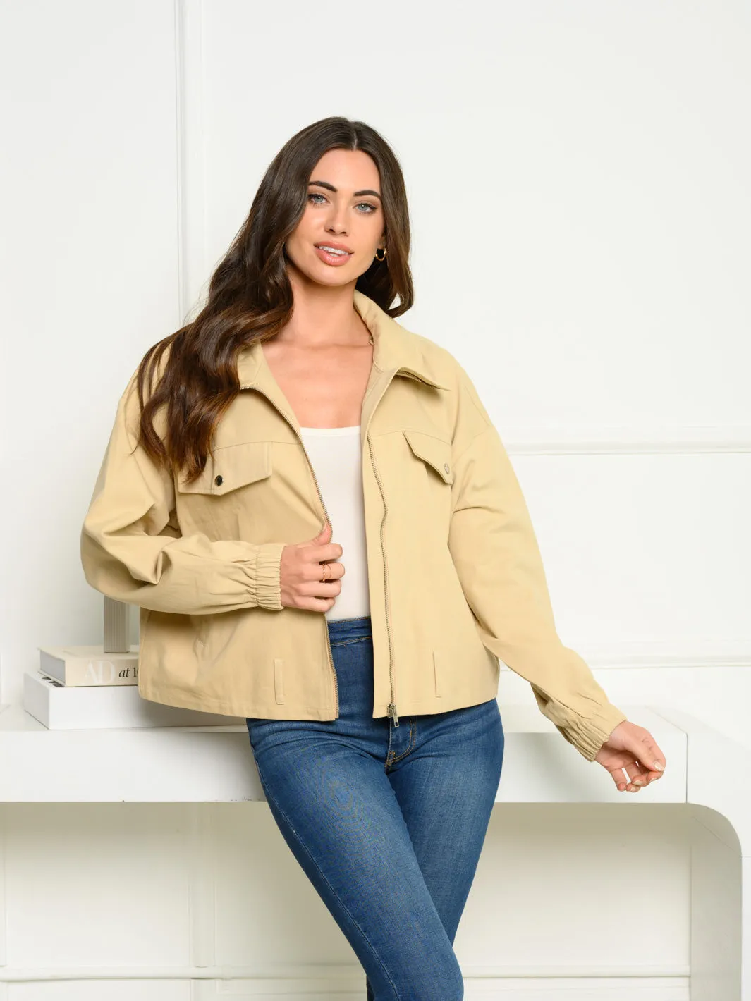 WOMEN'S LONG SLEEVE BELTED BUTTON UP JACKET