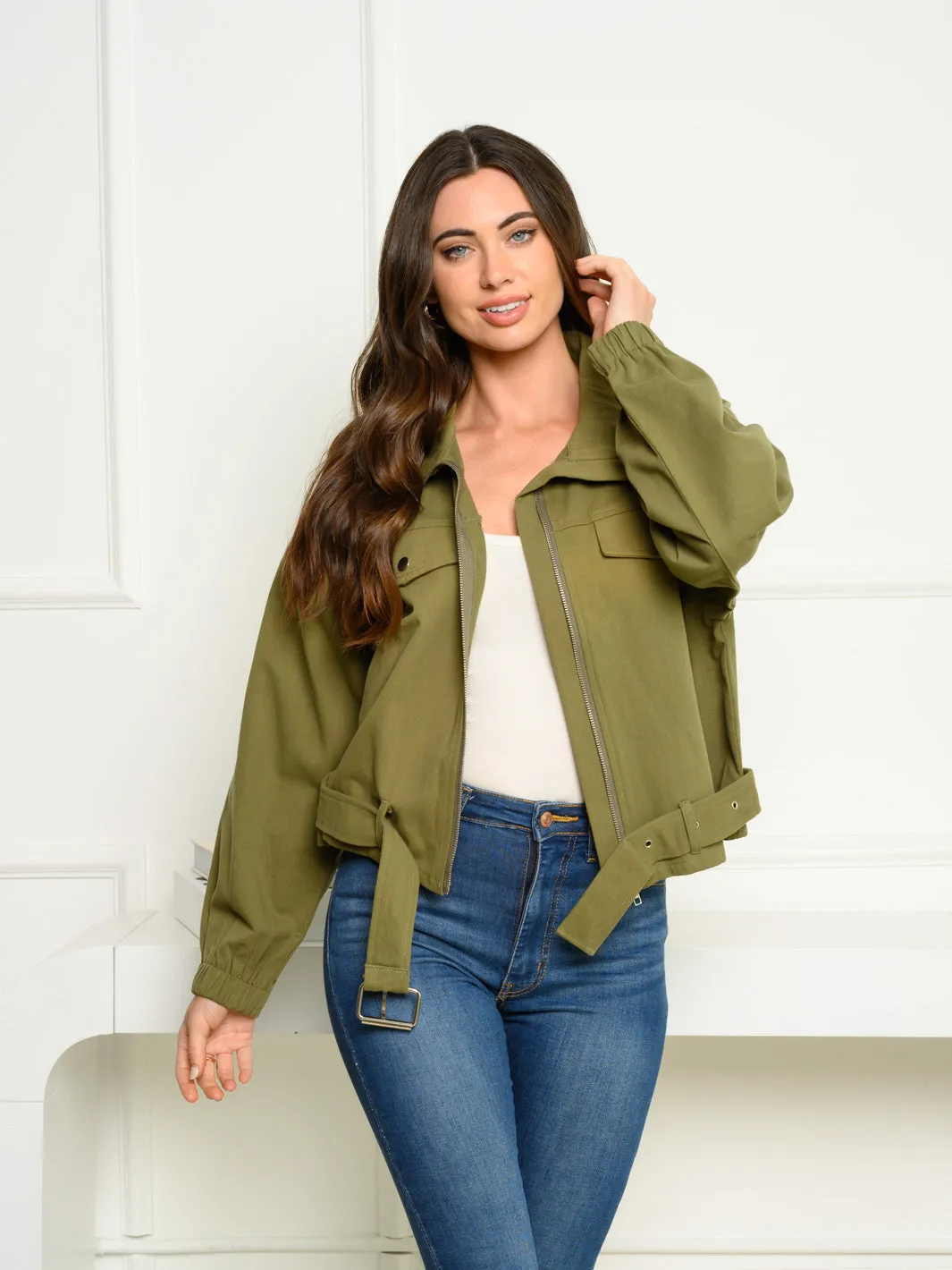 WOMEN'S LONG SLEEVE BELTED BUTTON UP JACKET