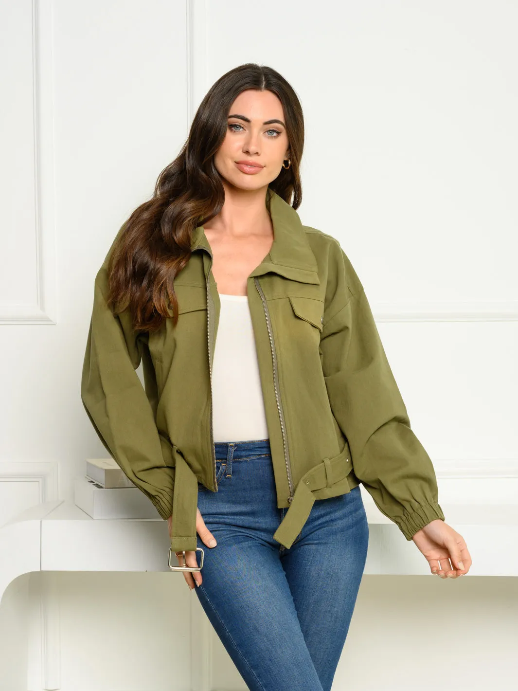 WOMEN'S LONG SLEEVE BELTED BUTTON UP JACKET