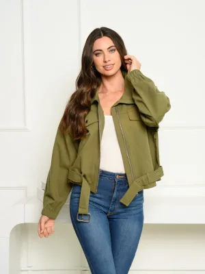 WOMEN'S LONG SLEEVE BELTED BUTTON UP JACKET