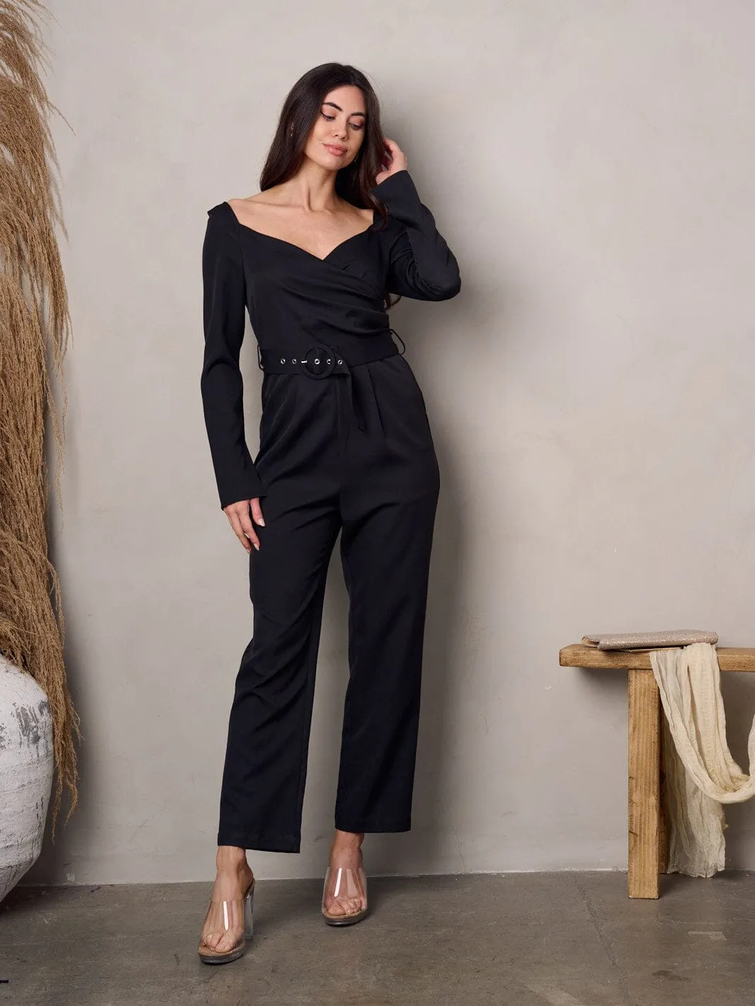 WOMEN'S LONG SLEEVE BELTED SMOCK JUMPSUIT