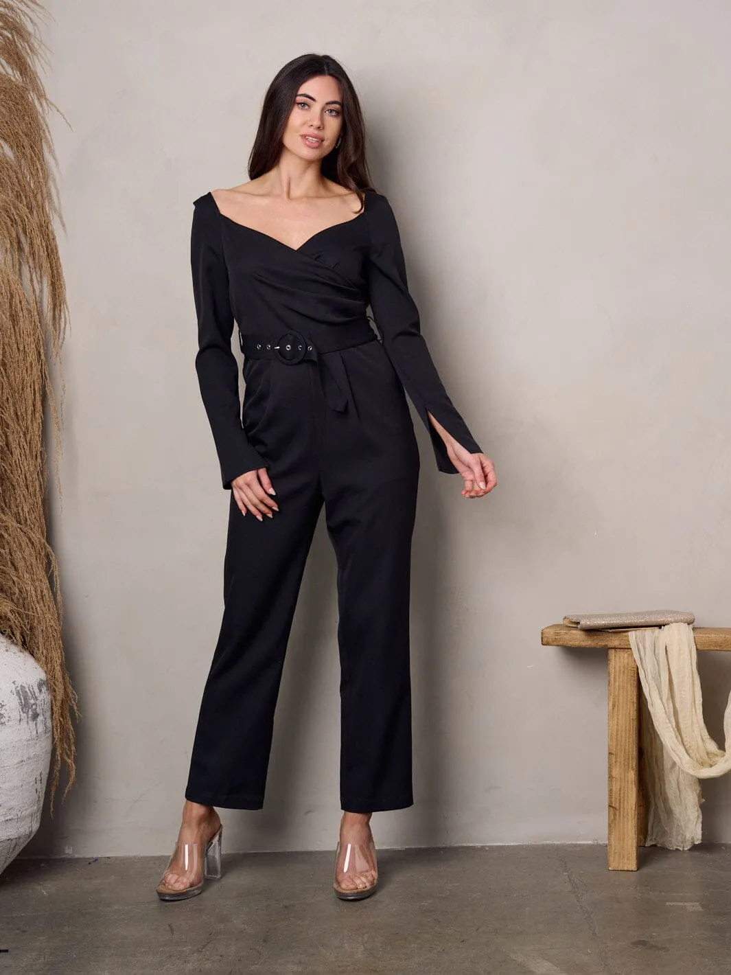 WOMEN'S LONG SLEEVE BELTED SMOCK JUMPSUIT