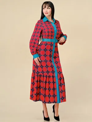 WOMEN'S LONG SLEEVE BUTTON UP BELTED COLORBLOCK MULTI PRINT MAXI DRESS