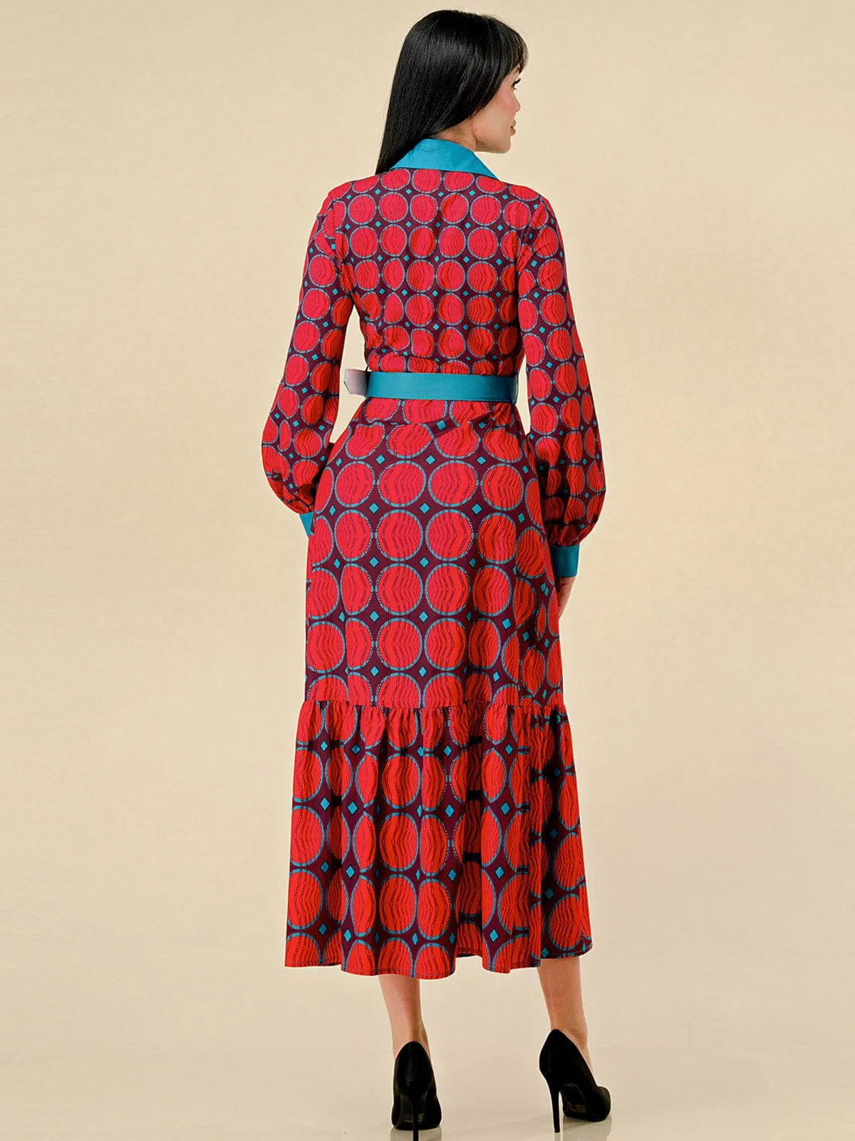 WOMEN'S LONG SLEEVE BUTTON UP BELTED COLORBLOCK MULTI PRINT MAXI DRESS