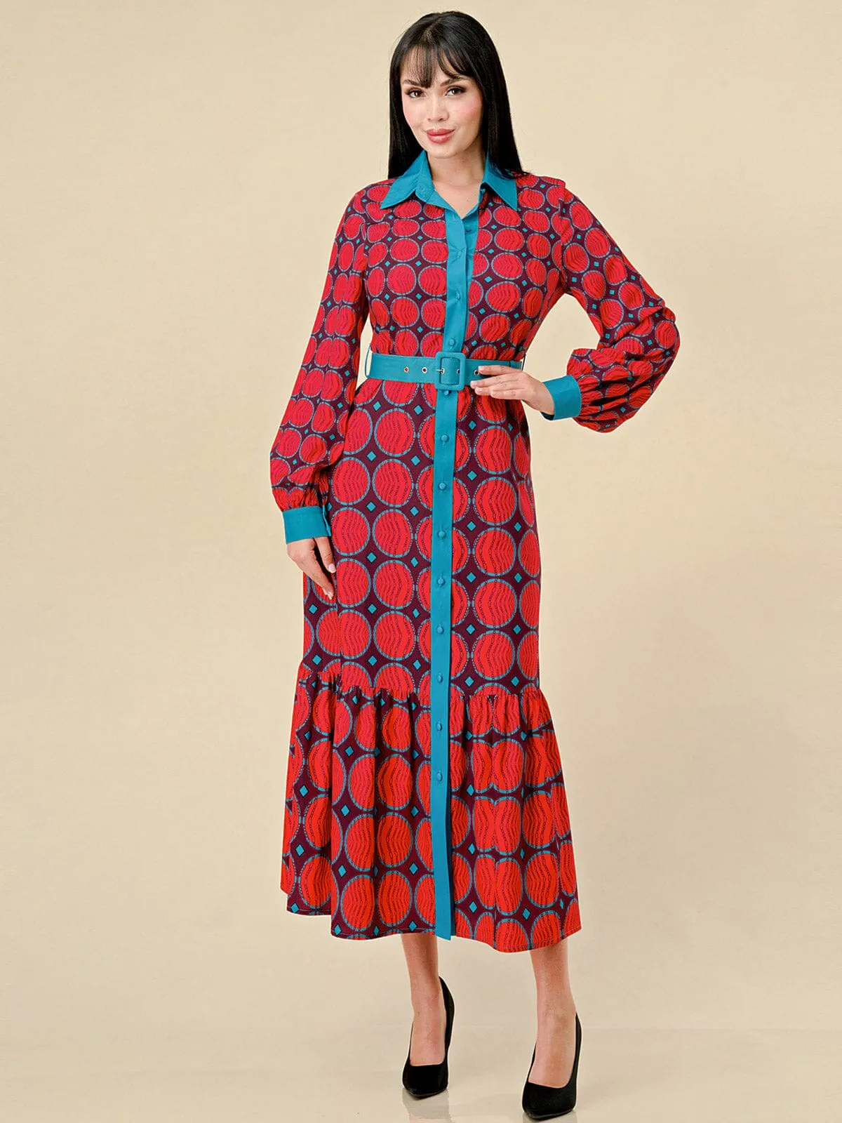 WOMEN'S LONG SLEEVE BUTTON UP BELTED COLORBLOCK MULTI PRINT MAXI DRESS