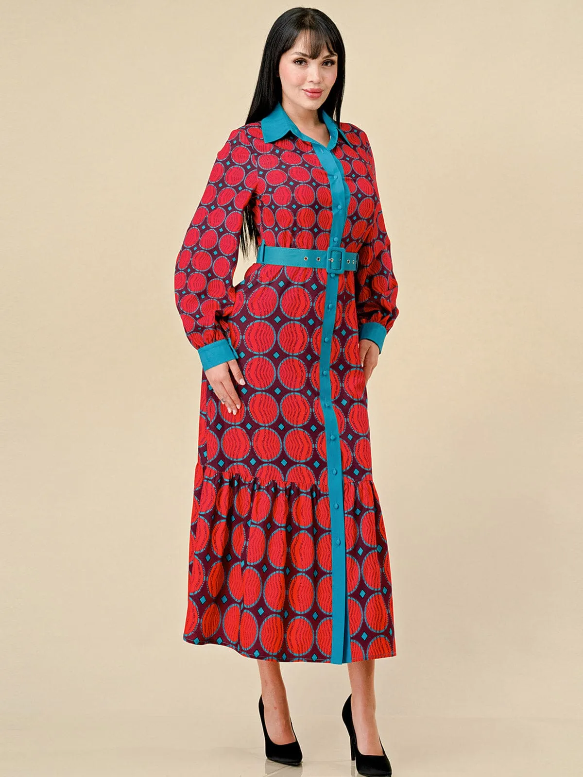 WOMEN'S LONG SLEEVE BUTTON UP BELTED COLORBLOCK MULTI PRINT MAXI DRESS