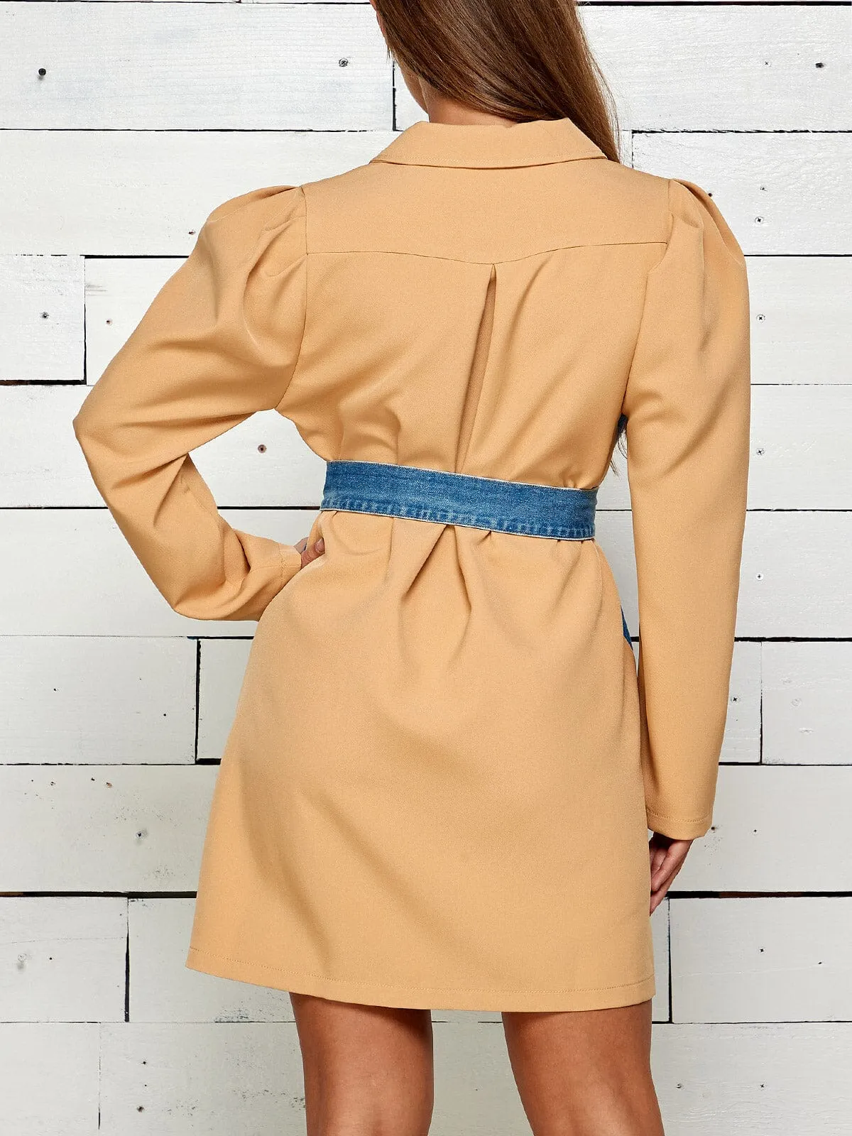 WOMEN'S LONG SLEEVE BUTTON UP BELTED DENIM CONTRAST MINI DRESS