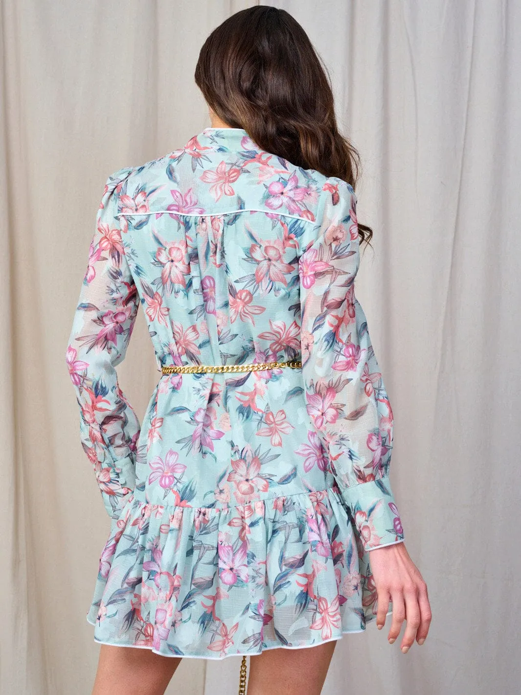 WOMEN'S LONG SLEEVE BUTTON UP BELTED FLORAL MINI DRESS