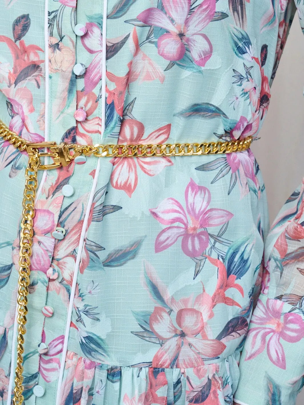 WOMEN'S LONG SLEEVE BUTTON UP BELTED FLORAL MINI DRESS