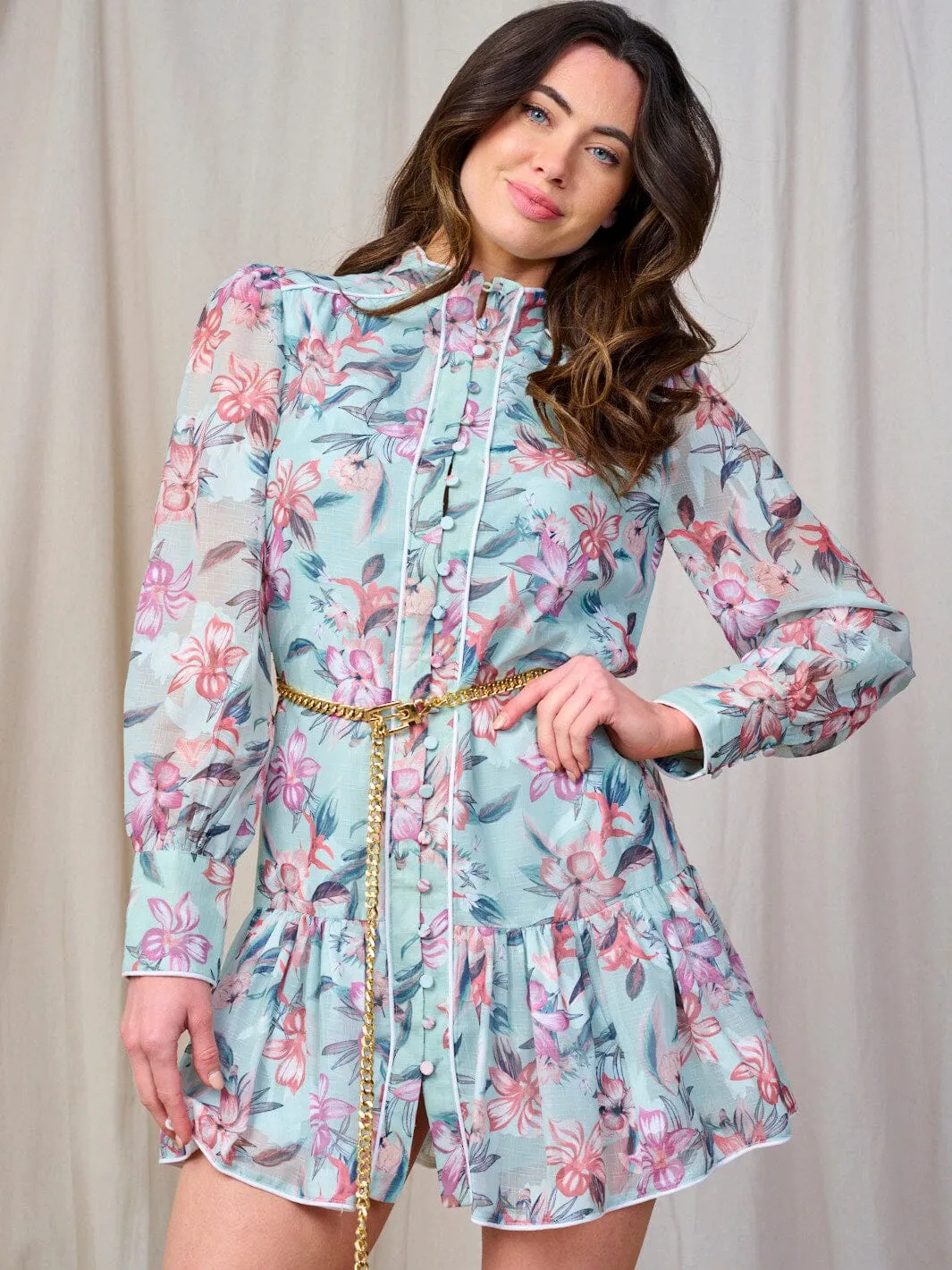 WOMEN'S LONG SLEEVE BUTTON UP BELTED FLORAL MINI DRESS