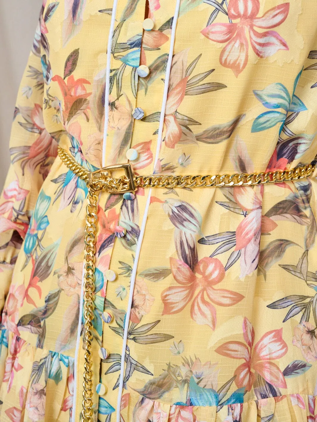WOMEN'S LONG SLEEVE BUTTON UP BELTED FLORAL MINI DRESS