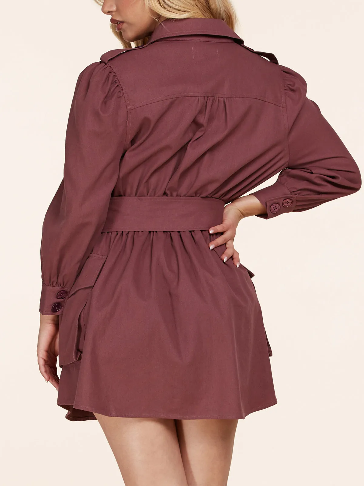 WOMEN'S LONG SLEEVE BUTTON UP BELTED MINI DRESS