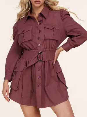 WOMEN'S LONG SLEEVE BUTTON UP BELTED MINI DRESS