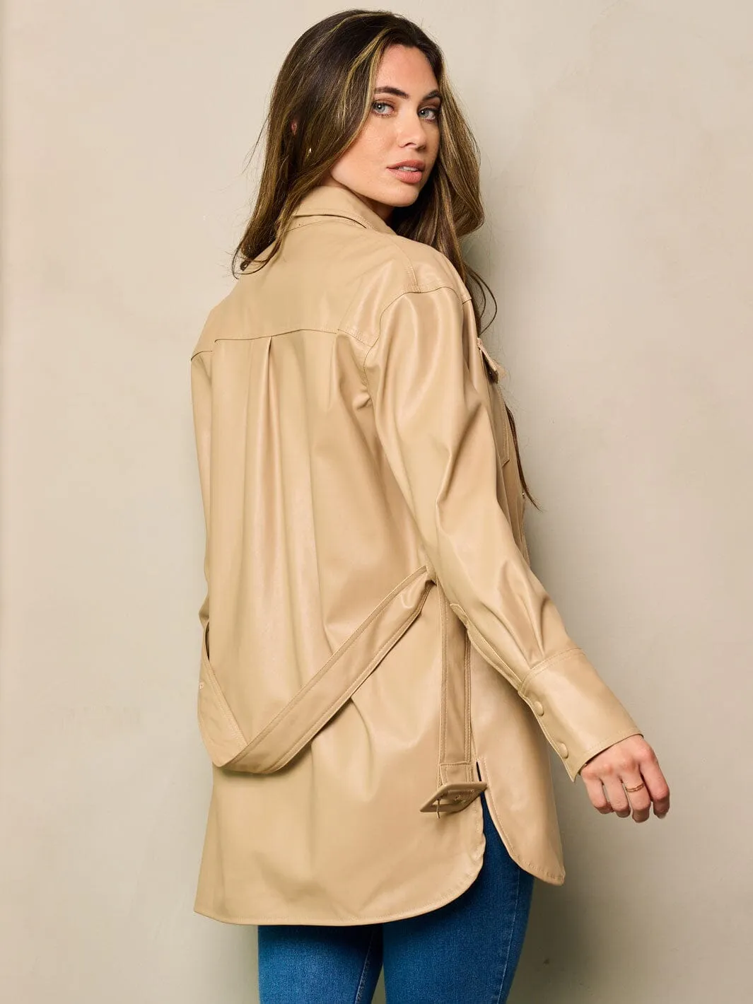 WOMEN'S LONG SLEEVE BUTTON UP BELTED PU PLEATHER JACKET