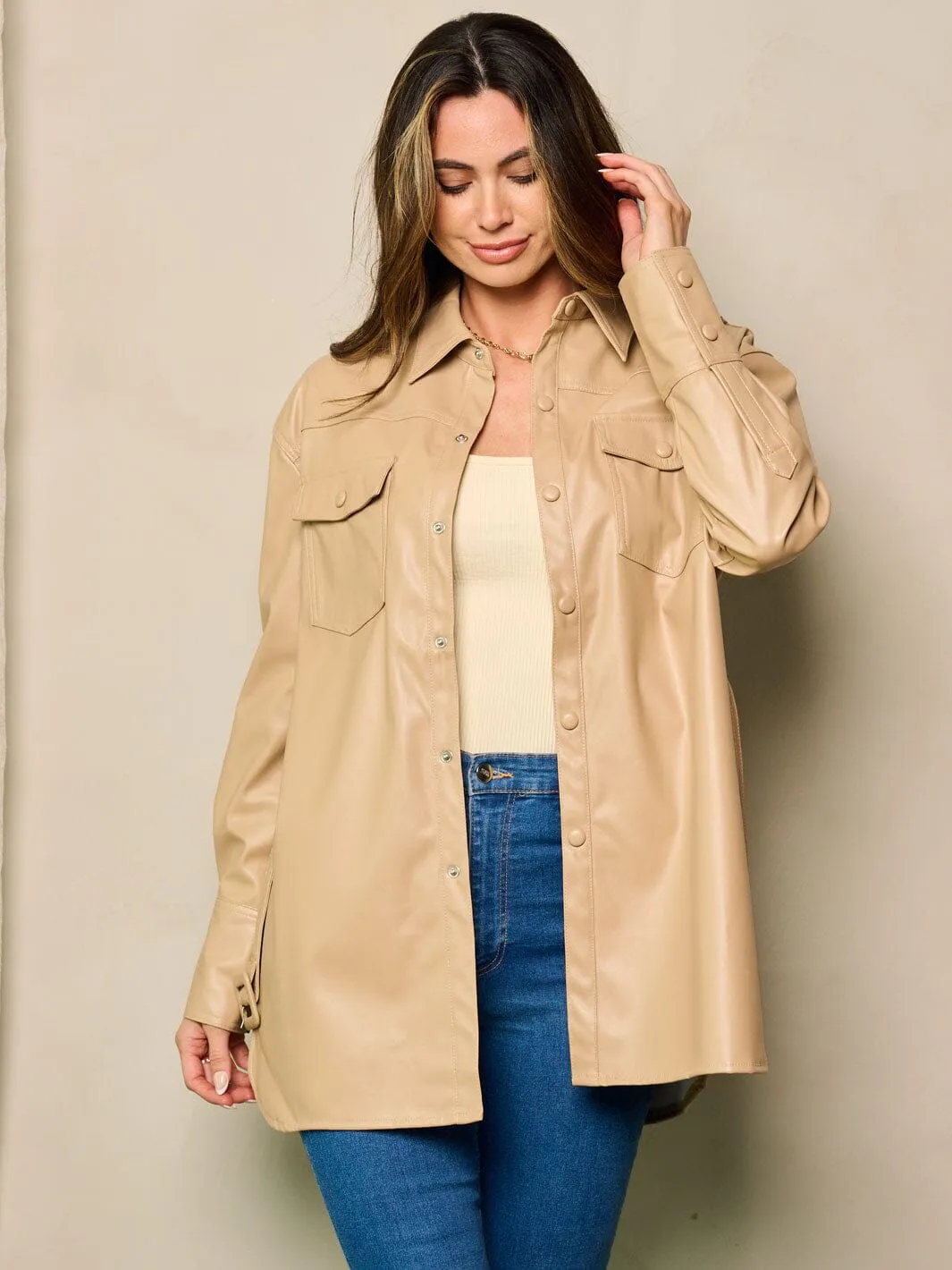 WOMEN'S LONG SLEEVE BUTTON UP BELTED PU PLEATHER JACKET