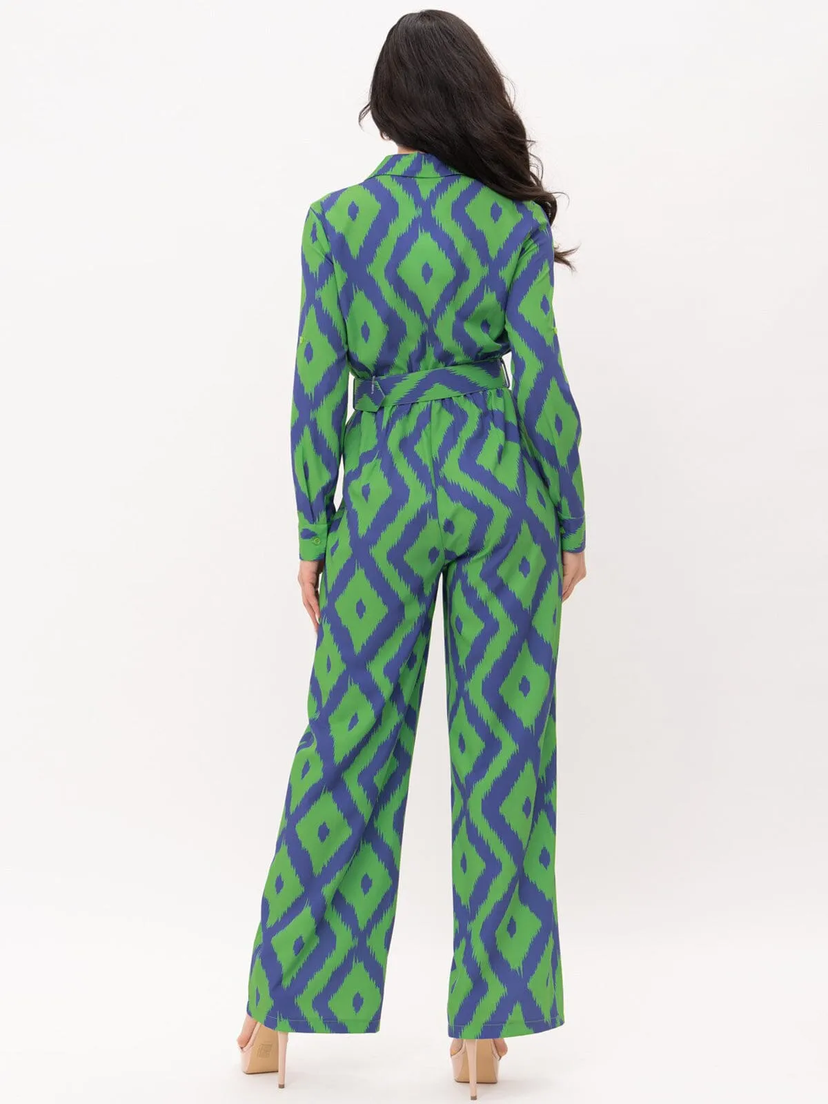 WOMEN'S LONG SLEEVE BUTTON UP POCKETS BELTED PRINTED JUMPSUIT