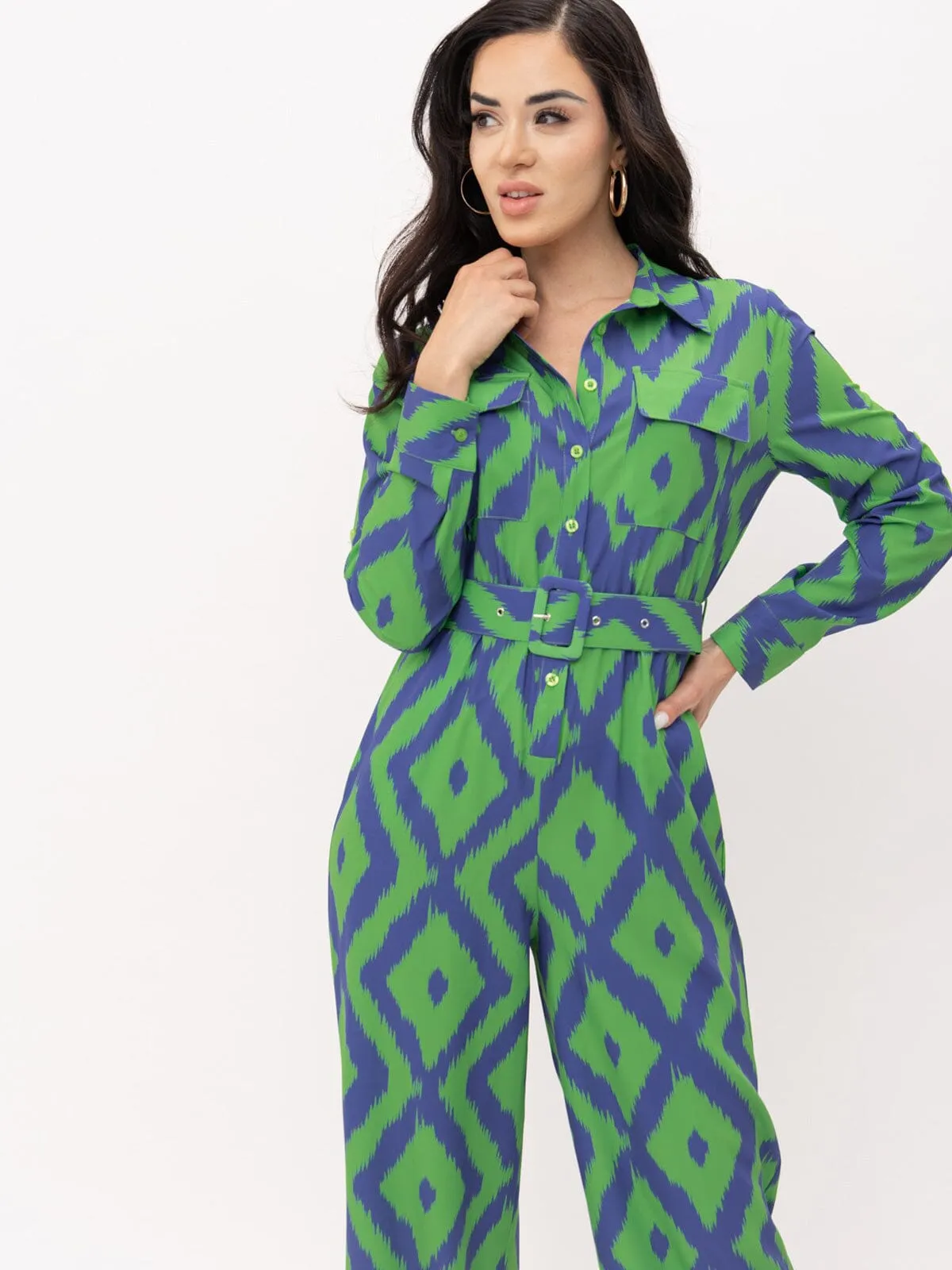 WOMEN'S LONG SLEEVE BUTTON UP POCKETS BELTED PRINTED JUMPSUIT