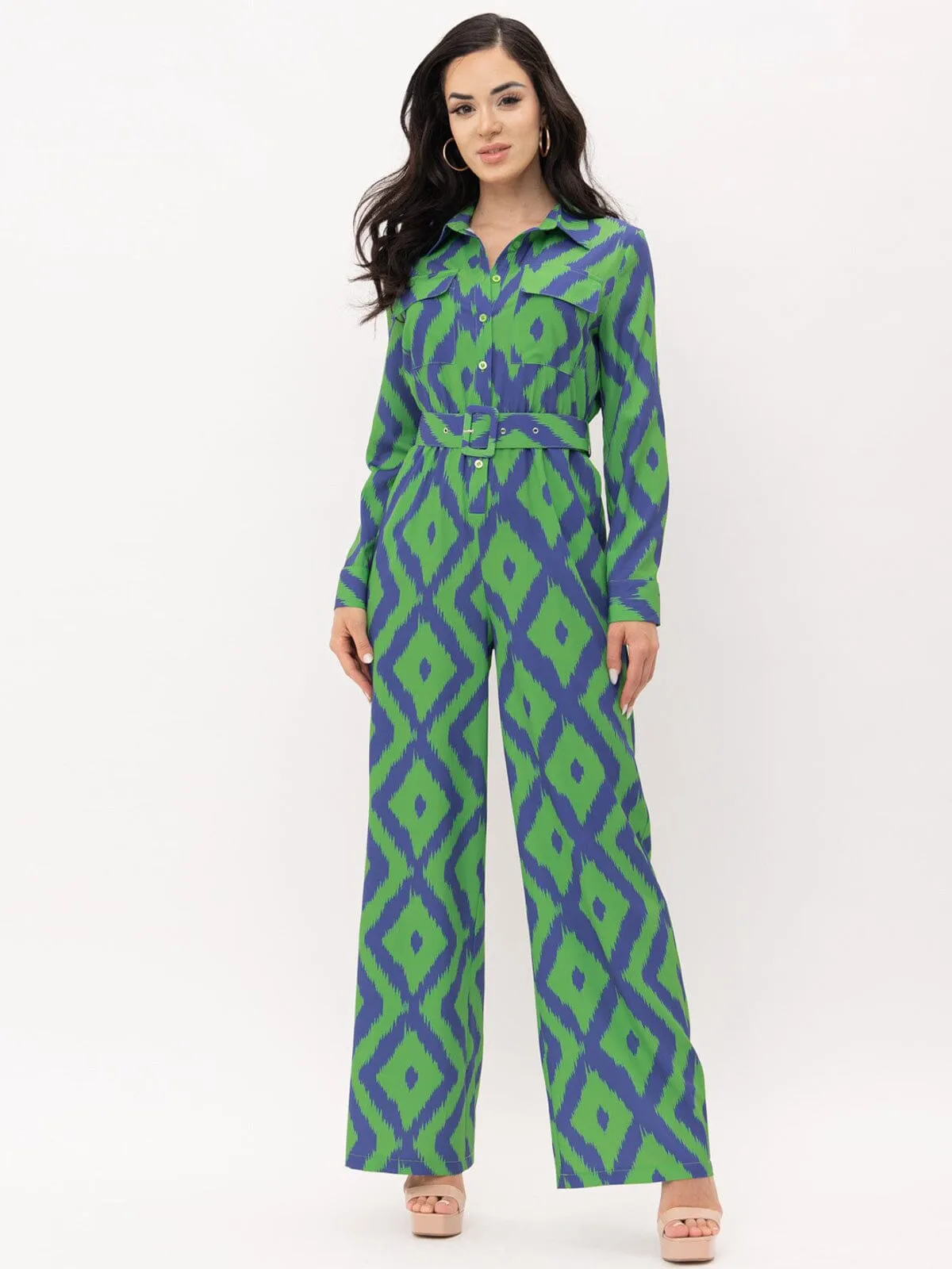 WOMEN'S LONG SLEEVE BUTTON UP POCKETS BELTED PRINTED JUMPSUIT