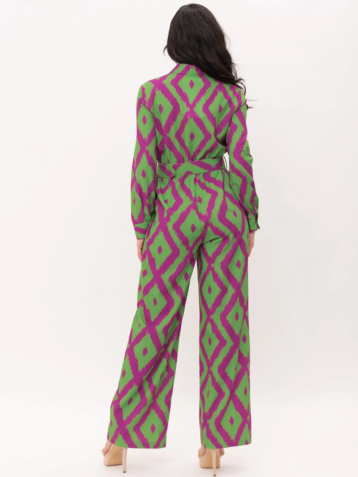 WOMEN'S LONG SLEEVE BUTTON UP POCKETS BELTED PRINTED JUMPSUIT