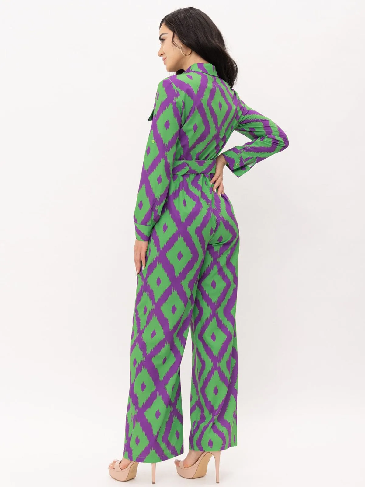 WOMEN'S LONG SLEEVE BUTTON UP POCKETS BELTED PRINTED JUMPSUIT