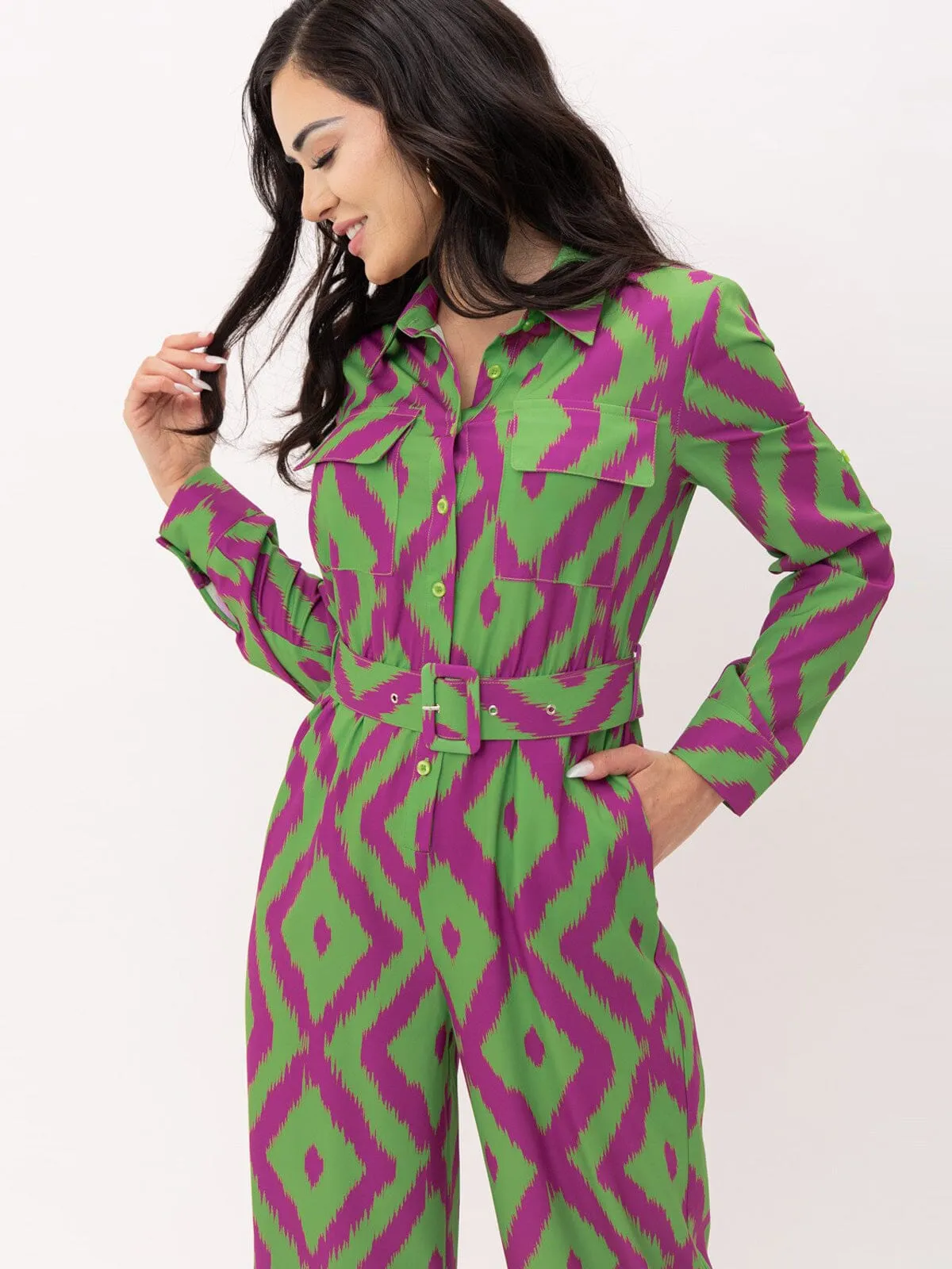 WOMEN'S LONG SLEEVE BUTTON UP POCKETS BELTED PRINTED JUMPSUIT