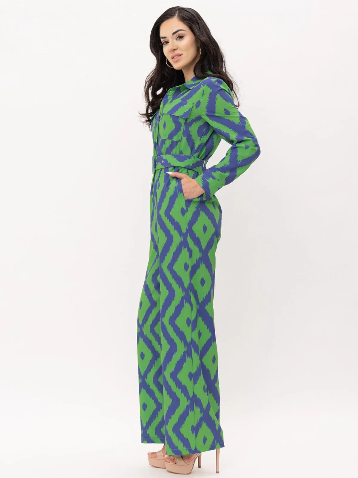 WOMEN'S LONG SLEEVE BUTTON UP POCKETS BELTED PRINTED JUMPSUIT