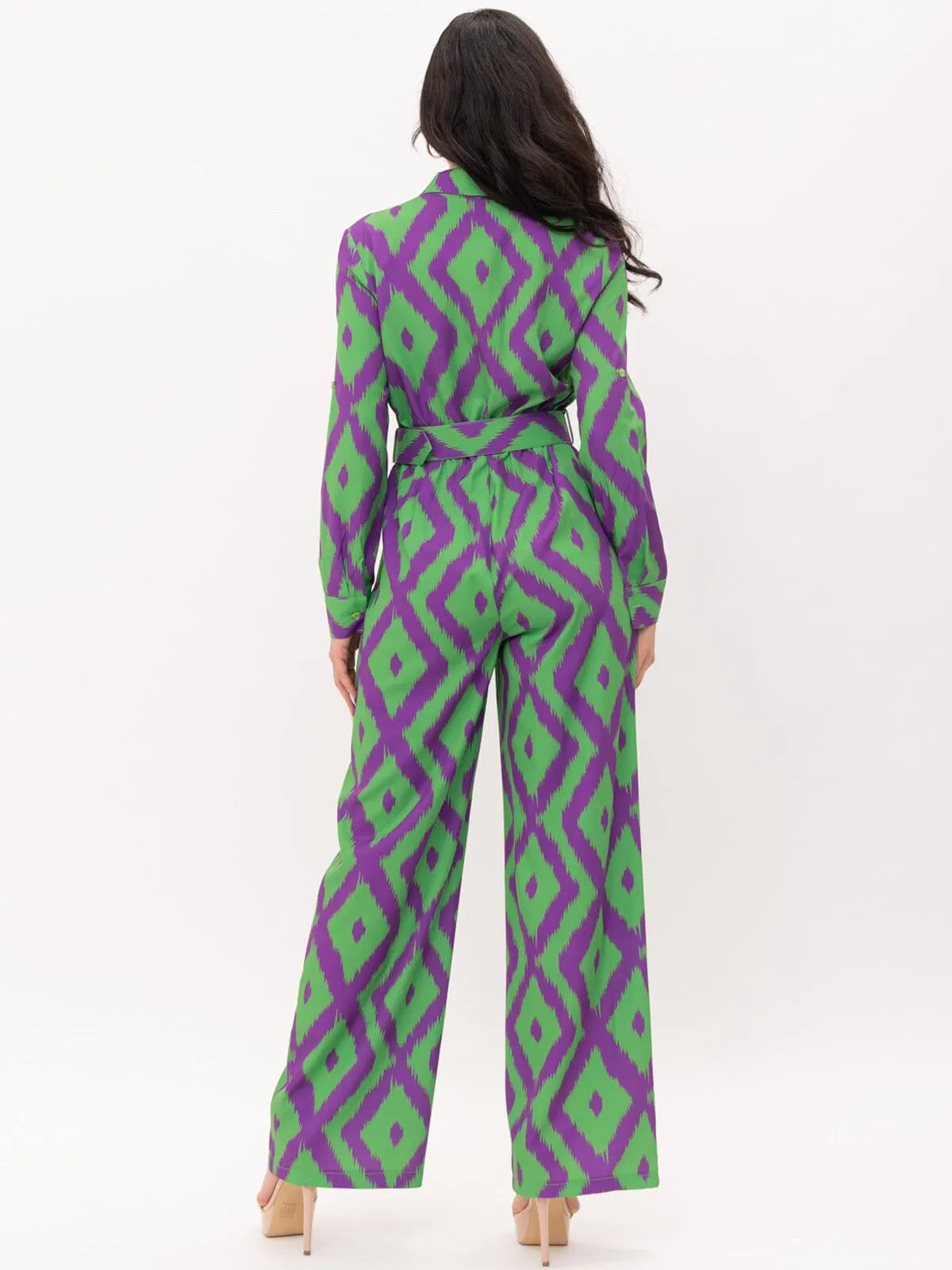 WOMEN'S LONG SLEEVE BUTTON UP POCKETS BELTED PRINTED JUMPSUIT