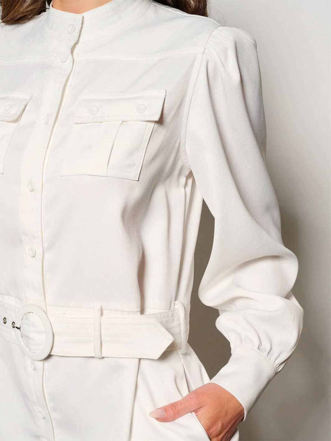 WOMEN'S LONG SLEEVE BUTTON UP POCKETS BELTED ROMPER