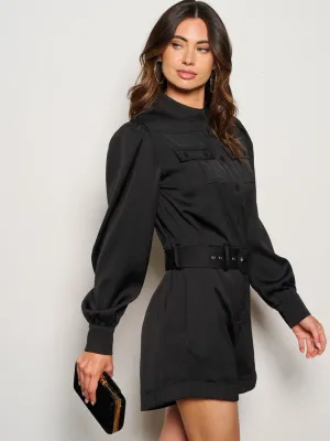WOMEN'S LONG SLEEVE BUTTON UP POCKETS BELTED ROMPER