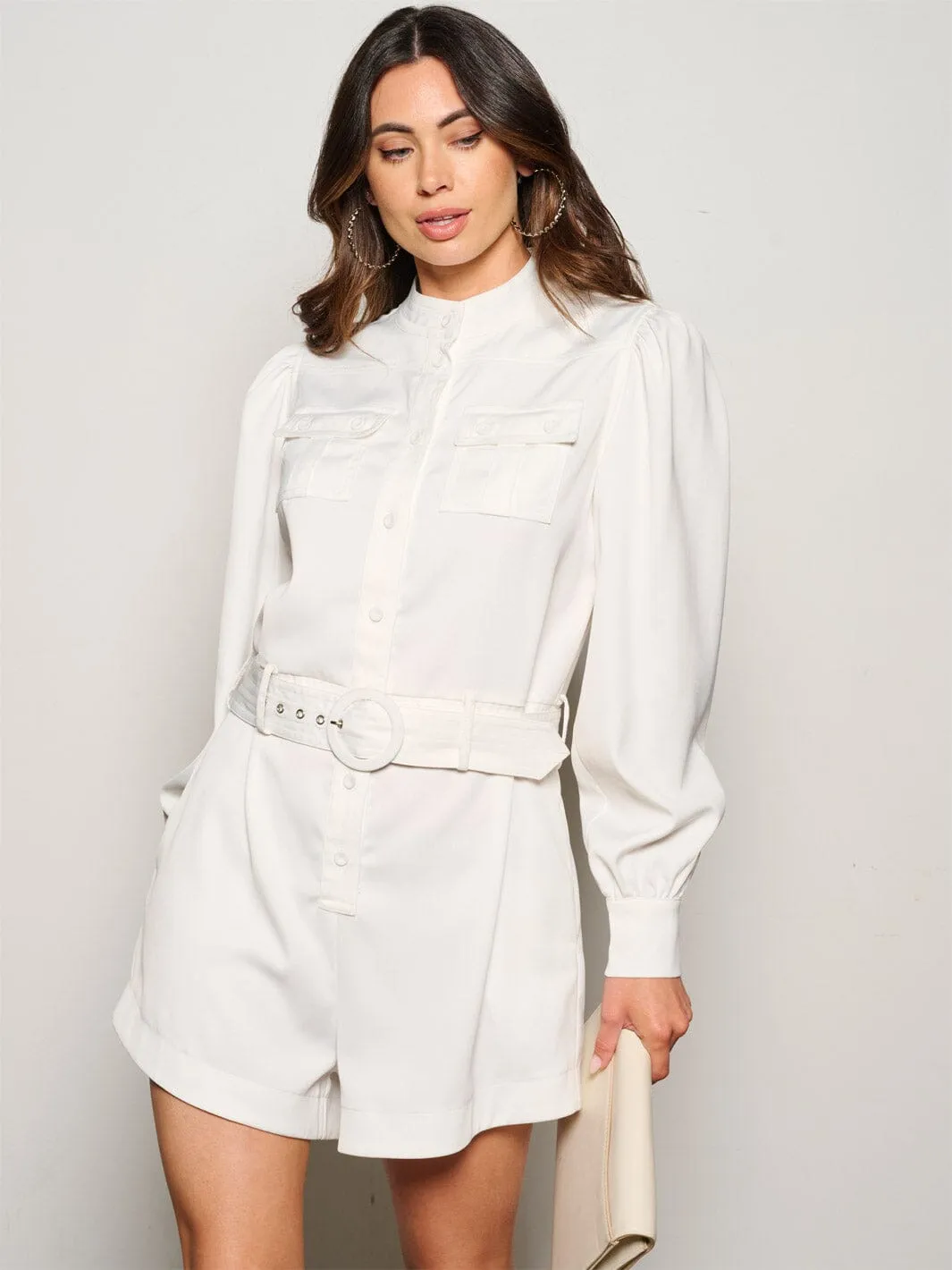 WOMEN'S LONG SLEEVE BUTTON UP POCKETS BELTED ROMPER