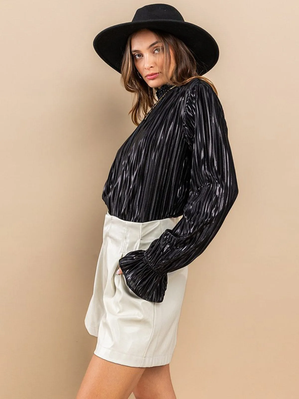 WOMEN'S LONG SLEEVE RUFFLE SHIMMER MOCH NECK PLEATED BLOUSE TOP