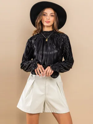 WOMEN'S LONG SLEEVE RUFFLE SHIMMER MOCH NECK PLEATED BLOUSE TOP