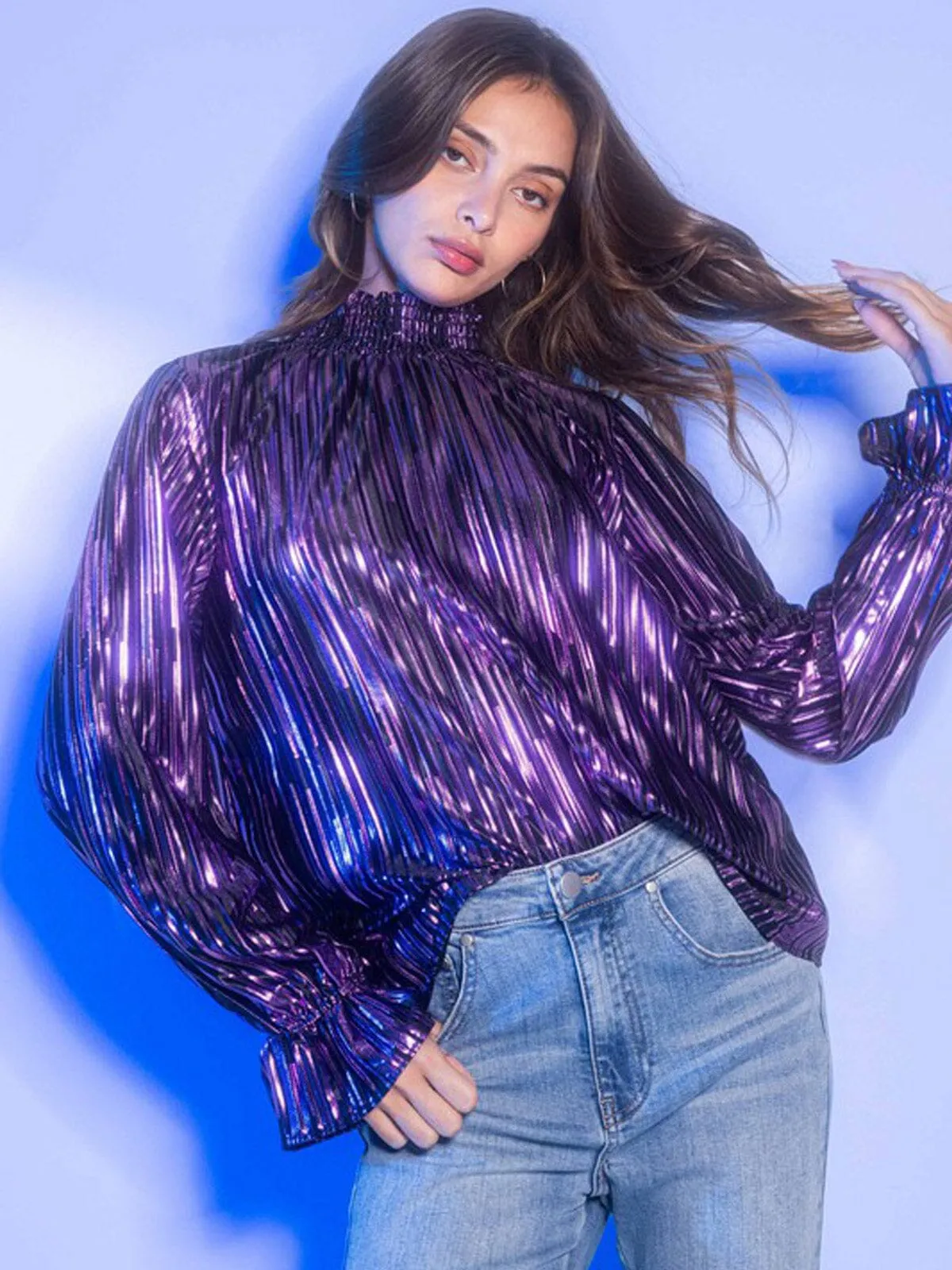 WOMEN'S LONG SLEEVE RUFFLE SHIMMER MOCH NECK PLEATED BLOUSE TOP