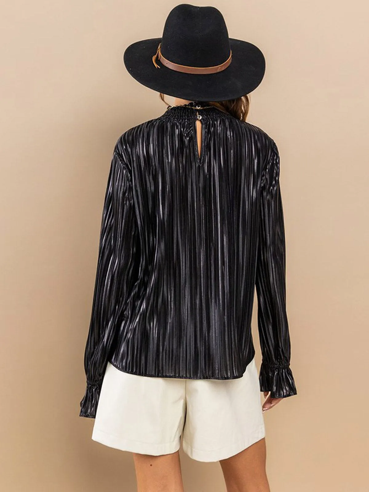 WOMEN'S LONG SLEEVE RUFFLE SHIMMER MOCH NECK PLEATED BLOUSE TOP