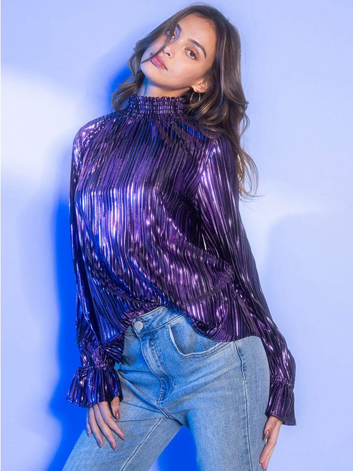 WOMEN'S LONG SLEEVE RUFFLE SHIMMER MOCH NECK PLEATED BLOUSE TOP