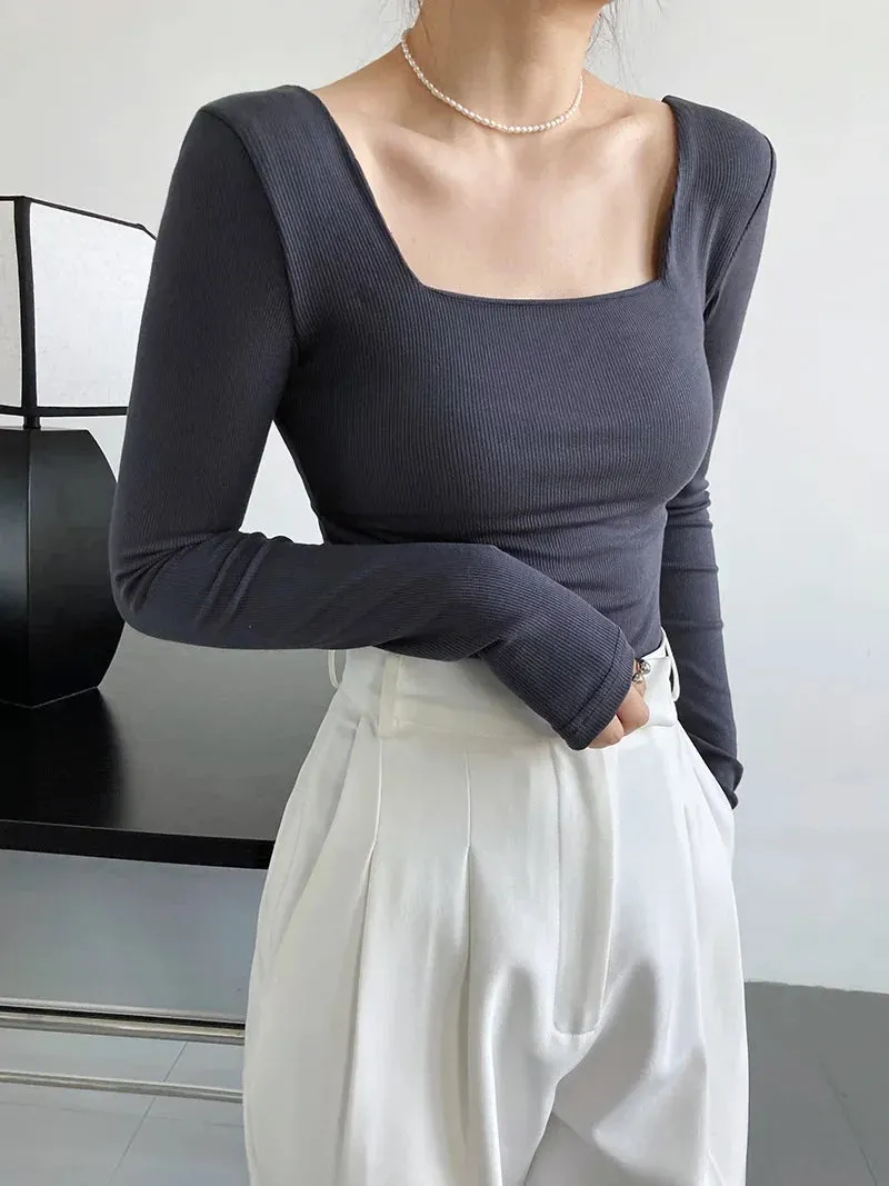 Women's Long-Sleeve Stretchy T-Shirt Square-Neck Slim-Fit Exposed Collarbone Low-Neck Shirt