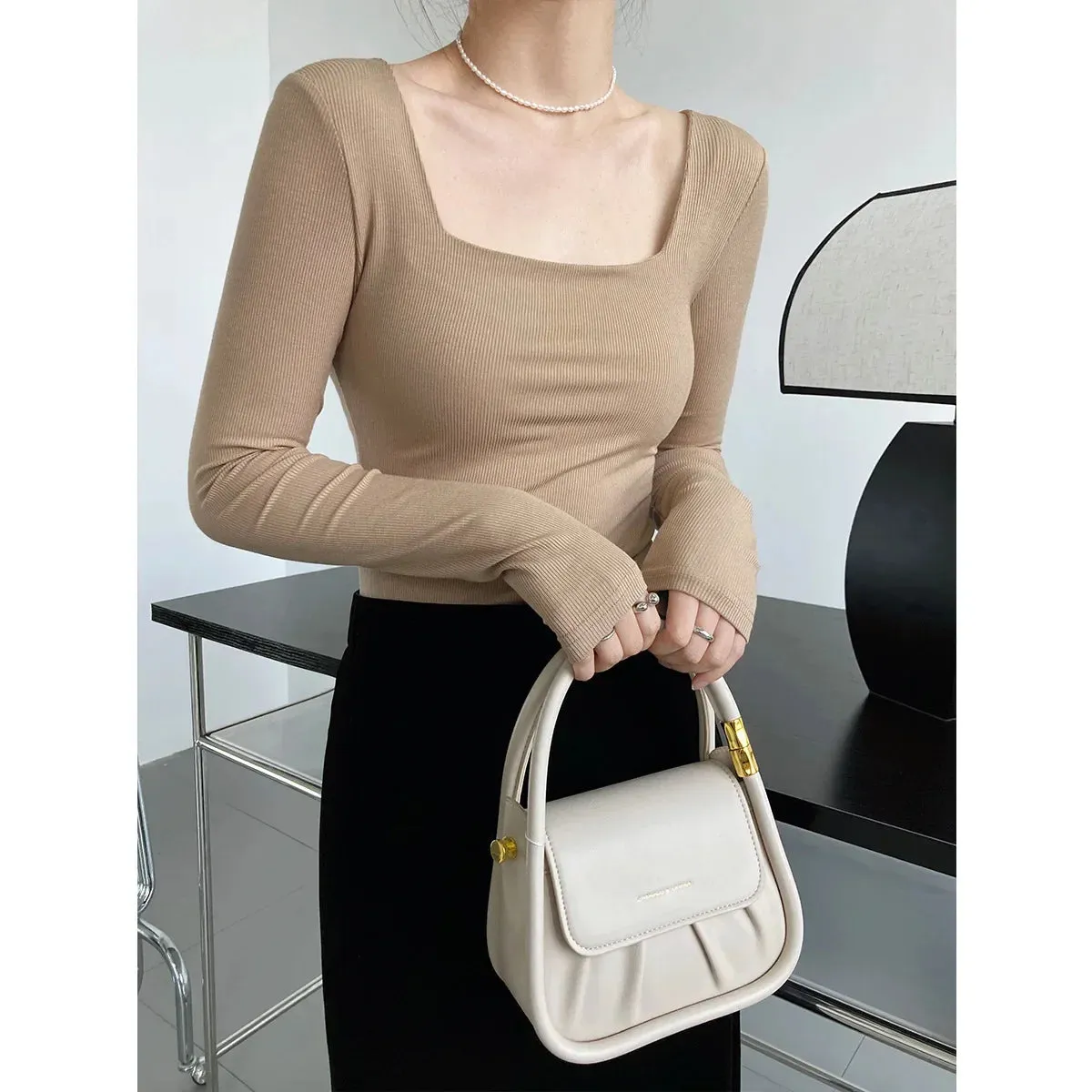 Women's Long-Sleeve Stretchy T-Shirt Square-Neck Slim-Fit Exposed Collarbone Low-Neck Shirt