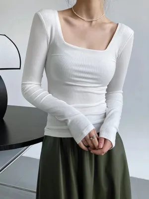 Women's Long-Sleeve Stretchy T-Shirt Square-Neck Slim-Fit Exposed Collarbone Low-Neck Shirt