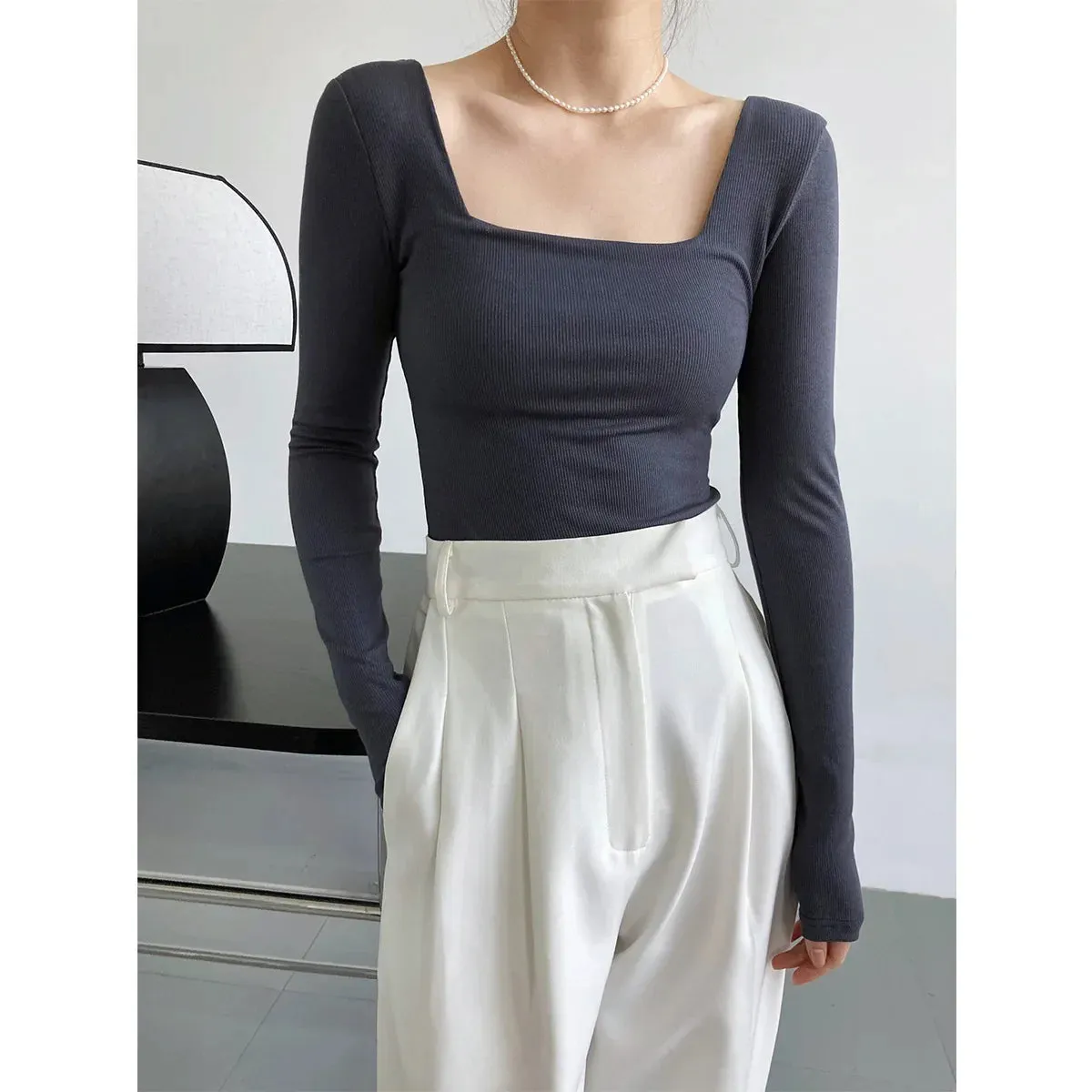 Women's Long-Sleeve Stretchy T-Shirt Square-Neck Slim-Fit Exposed Collarbone Low-Neck Shirt