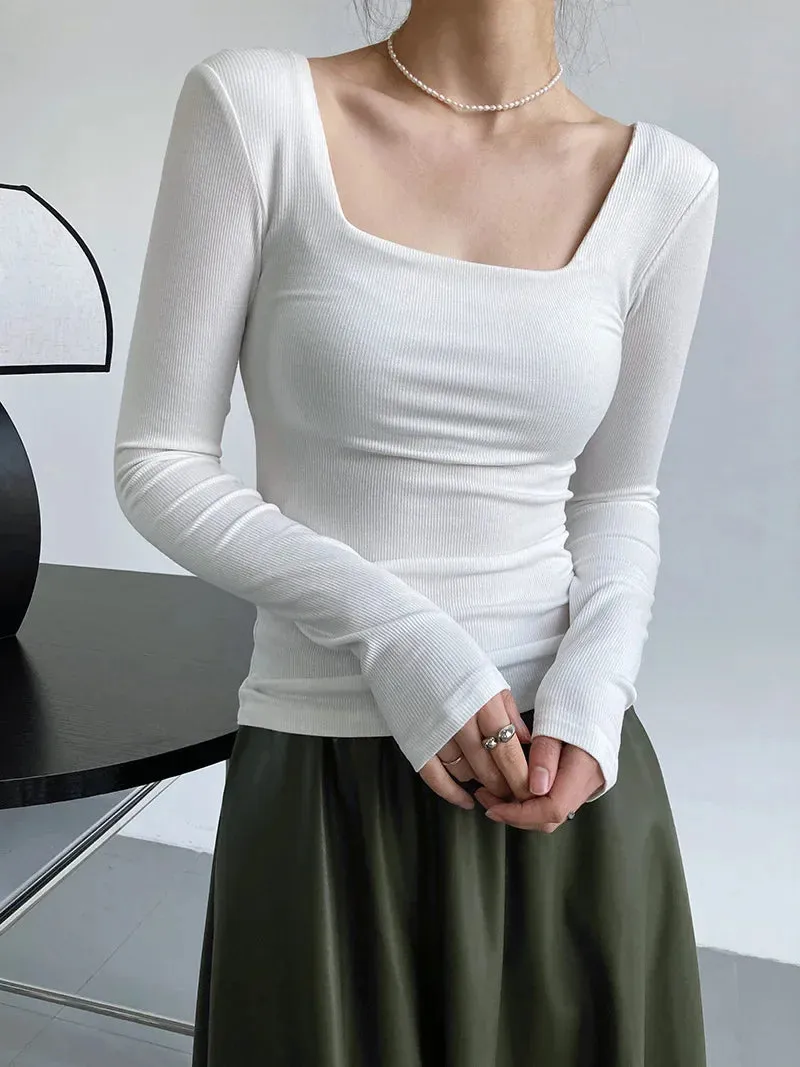 Women's Long-Sleeve Stretchy T-Shirt Square-Neck Slim-Fit Exposed Collarbone Low-Neck Shirt